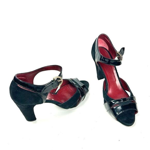 MaxMara Black Heels Suede Patent Leather Peep Toe Mary Jane Italy 40 US 10 - Picture 2 of 16